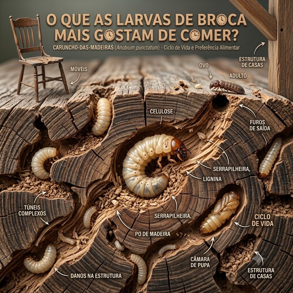 O que as larvas de broca comem em Bauru - Infográfico amido, celulose e madeira