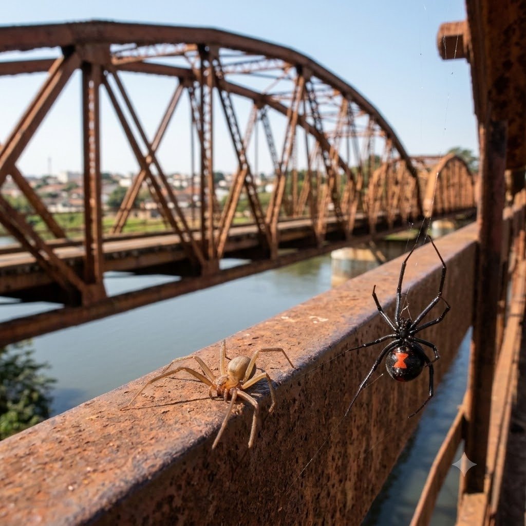 Aranha marrom e viúva negra com ponte de Bauru ao fundo