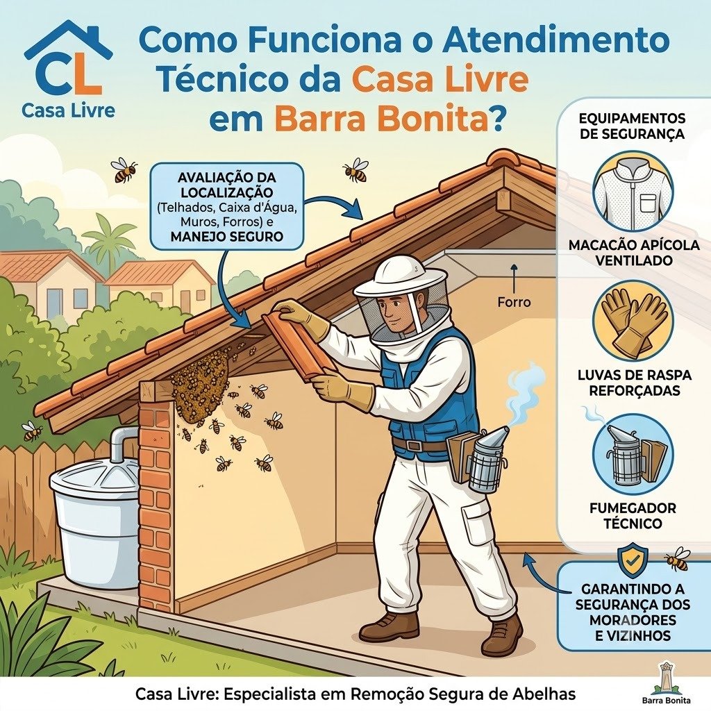 Como funciona o atendimento técnico da Casa Livre em Bauru - Infográfico de segurança apícola