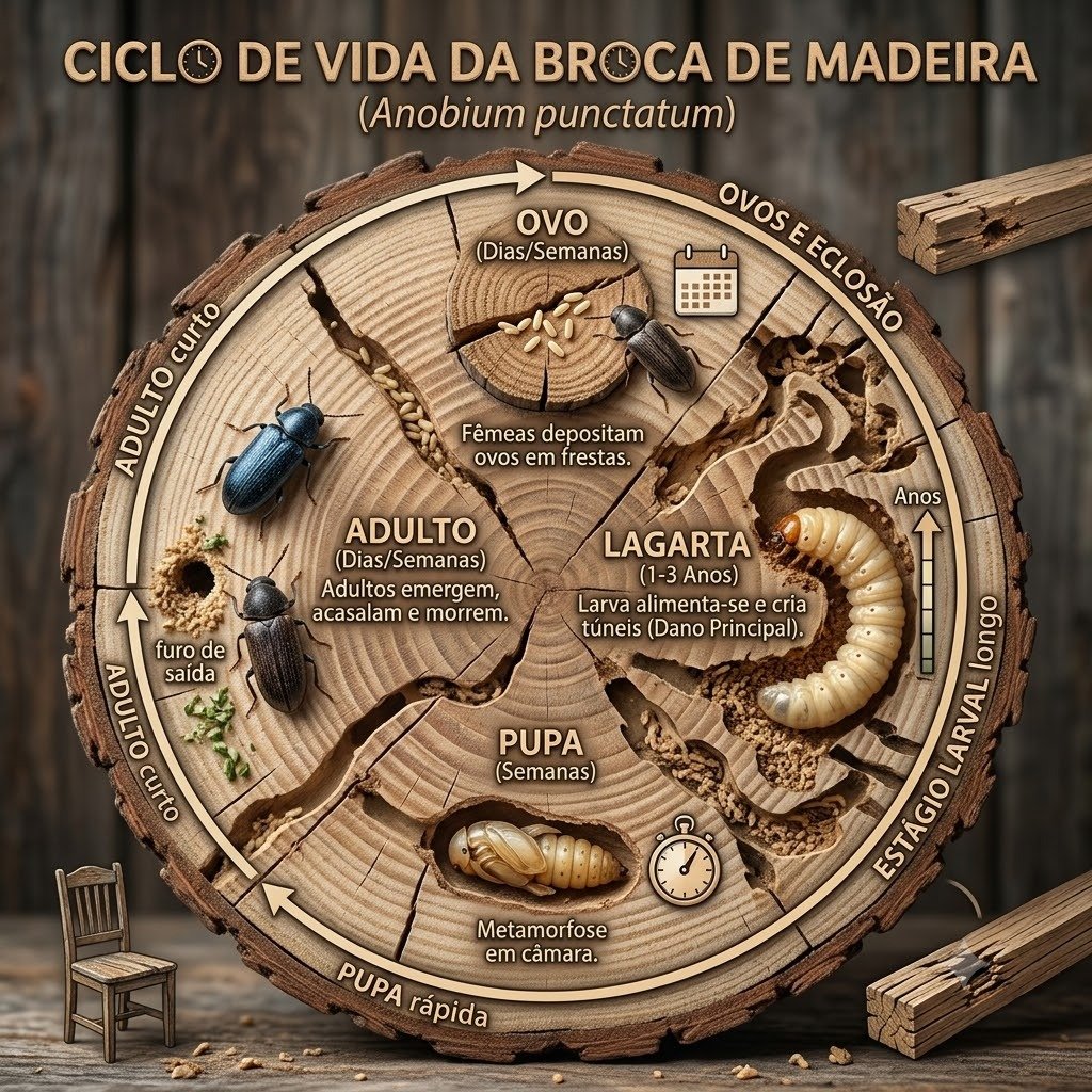 Quanto tempo vive a larva de broca em Bauru - Infográfico ciclo de vida Anobium punctatum