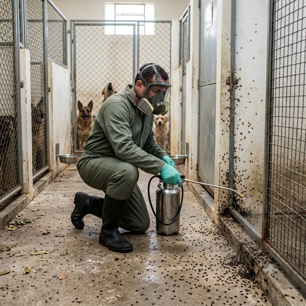 Técnico aplicando pulverização de dedetização de carrapatos no canil em Bauru