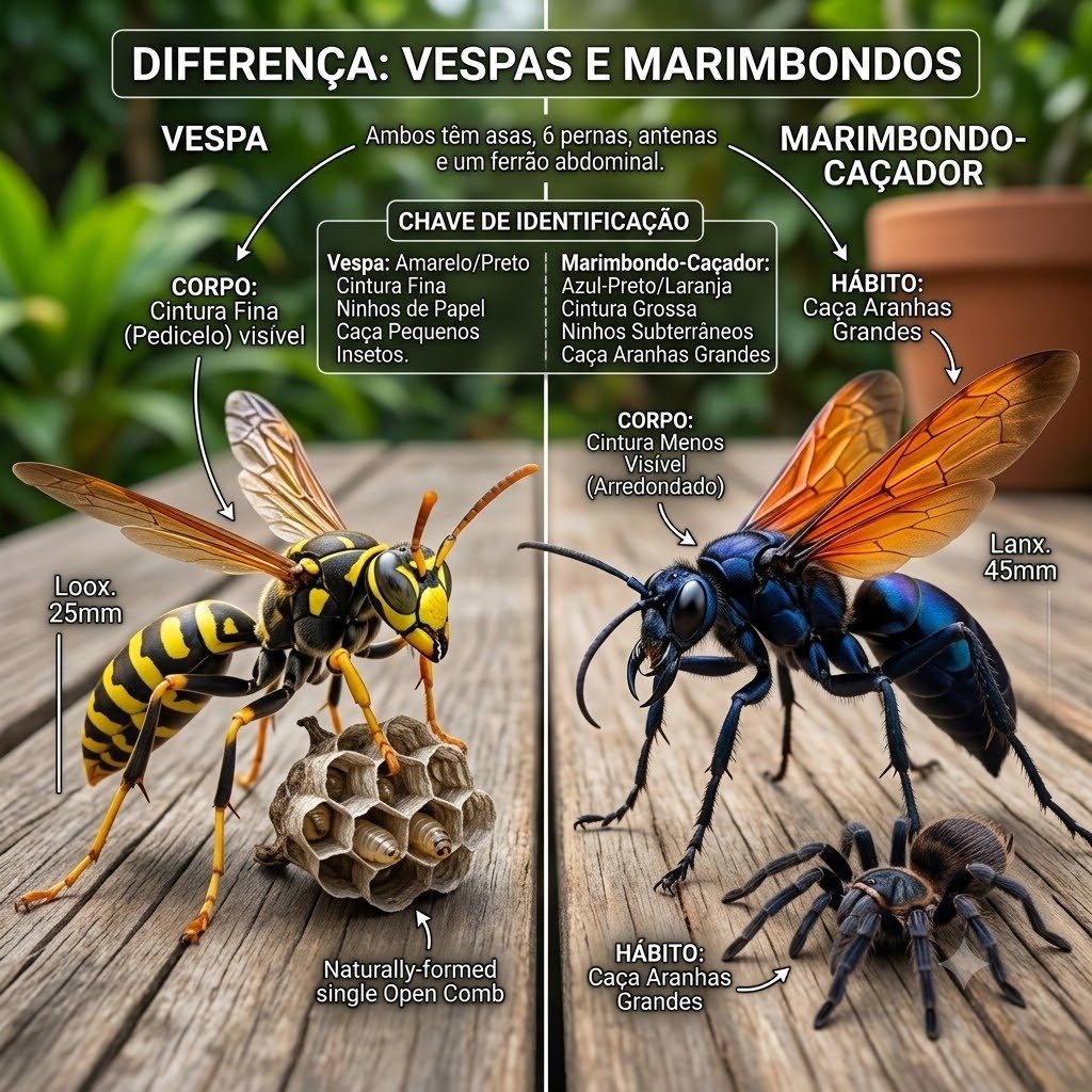 Diferença entre vespa e marimbondo em Bauru - Infográfico comparativo de anatomia e hábitos