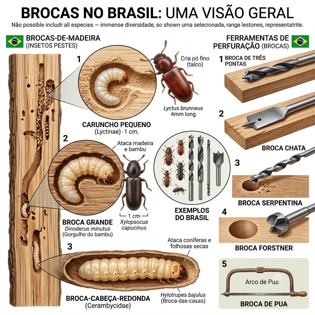 Espécies de broca no Brasil e Bauru - Infográfico ilustrado das espécies de brocas xilófagas