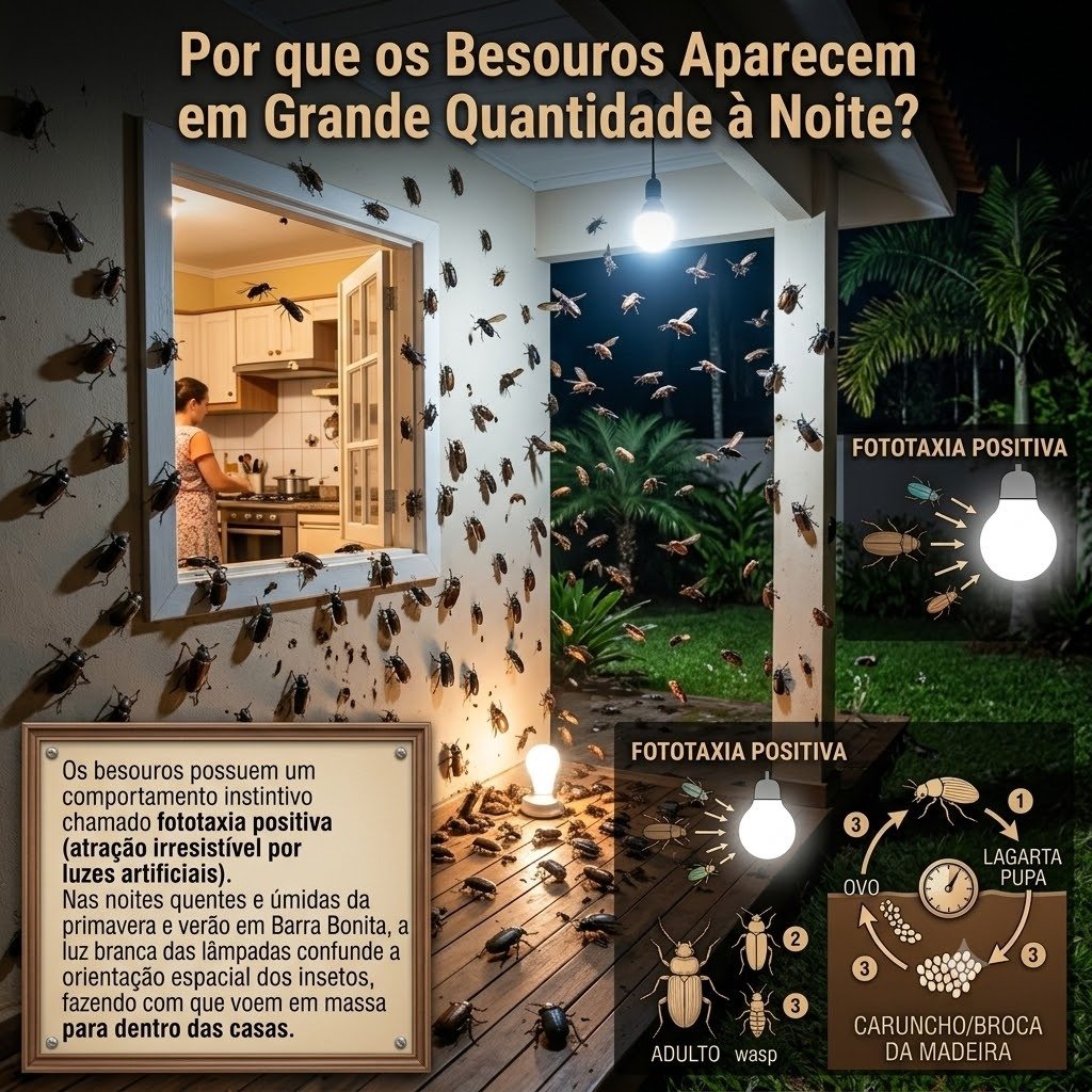 Por que os besouros aparecem em grande quantidade a noite em Bauru - Infográfico de fototaxia positiva e atração por lâmpadas