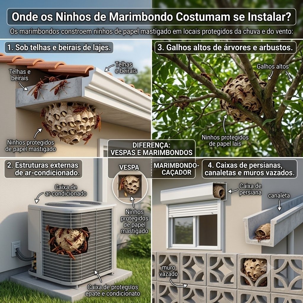 Onde os ninhos de marimbondo costumam se instalar em Bauru - Infográfico ilustrado telhas, ar-condicionado, árvores, persianas e muros