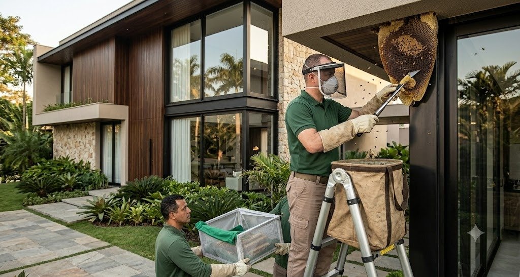 Foto real de equipe profissional realizando retirada segura de colmeia de abelhas em residência em Bauru