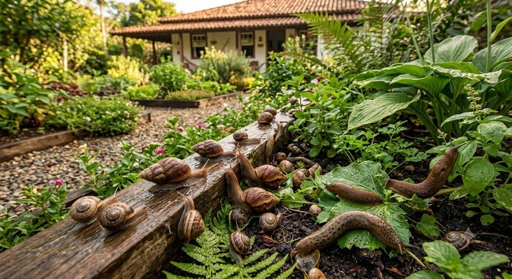 Foto real de infestação de caramujos e lesmas em horta de jardim residencial em Bauru