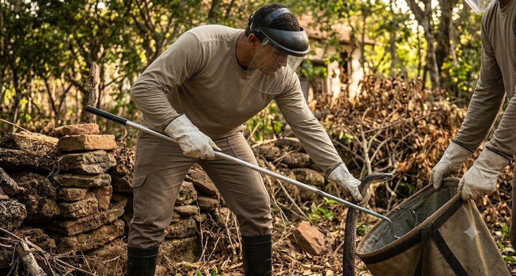 Foto real de manejo e captura técnica de cobras por profissionais em Bauru