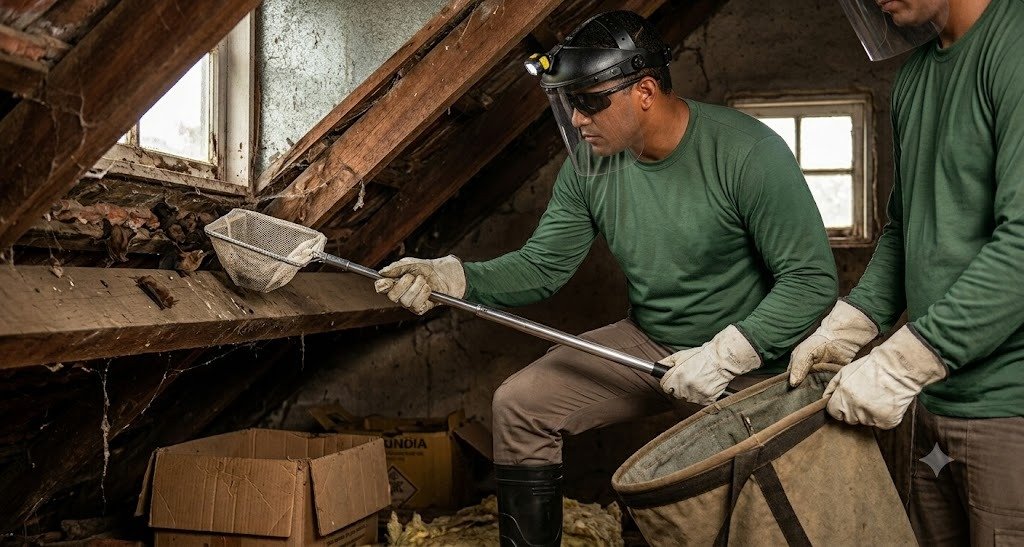 Foto real de equipe realizando manejo e remoção técnica de morcegos no forro em Bauru