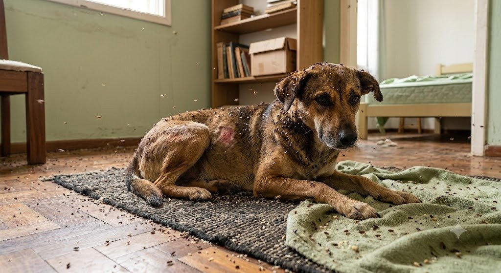 Foto real de infecção por pulgas em pet no ambiente residencial - Dedetização profissional em Bauru
