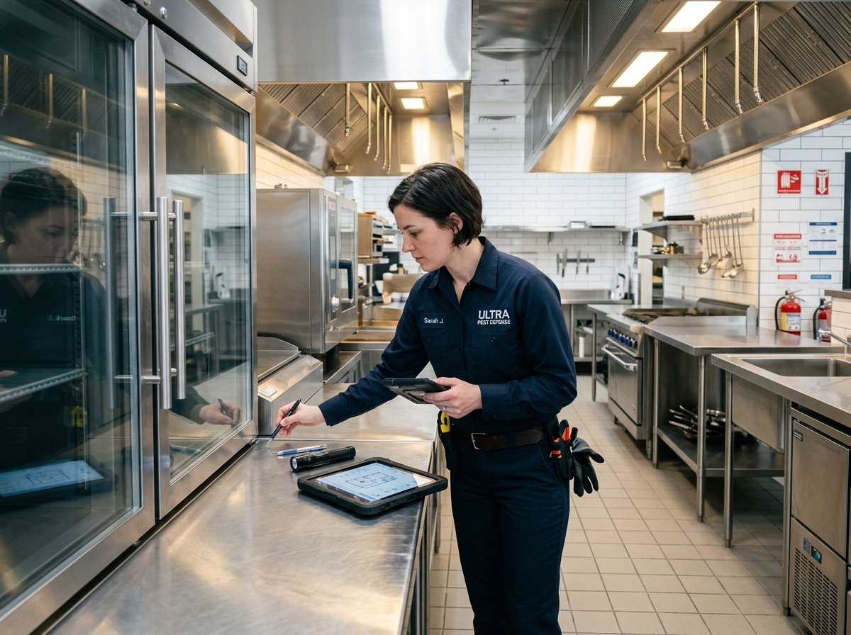 Técnica realizando inspeção em cozinha comercial de restaurante em Bauru - Casa Livre