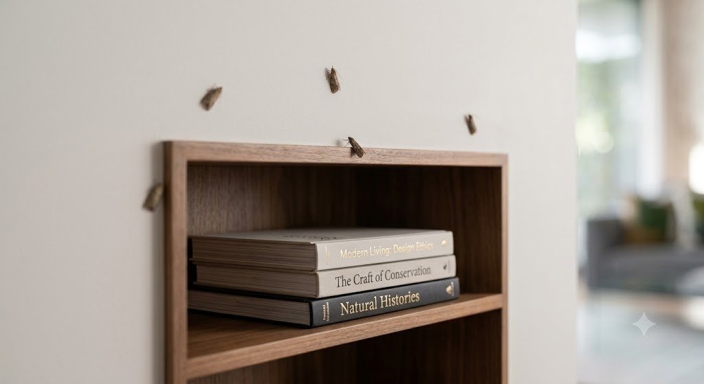 Foto real de infestação de traças em estante de livros e móvel residencial em Bauru
