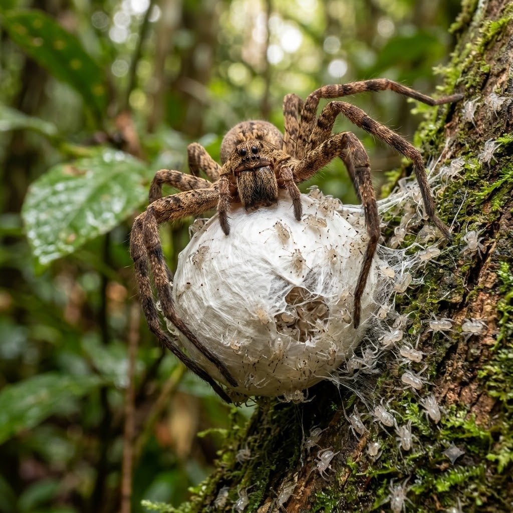 Aranha com ooteca saco de ovos e filhotes de aranhas em Bauru