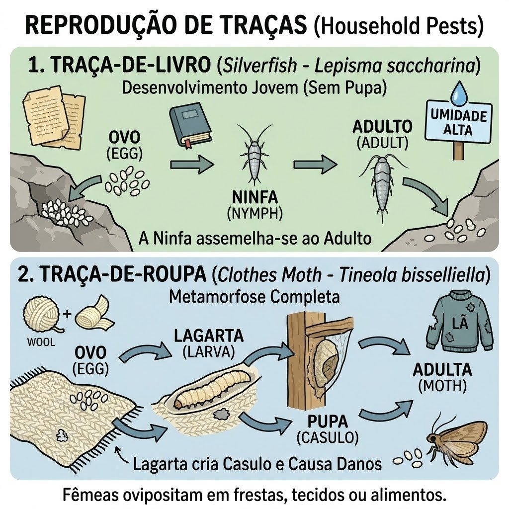 Como as traças se reproduzem em Bauru - Infográfico ciclo de vida Traça-de-Livro e Traça-de-Roupa