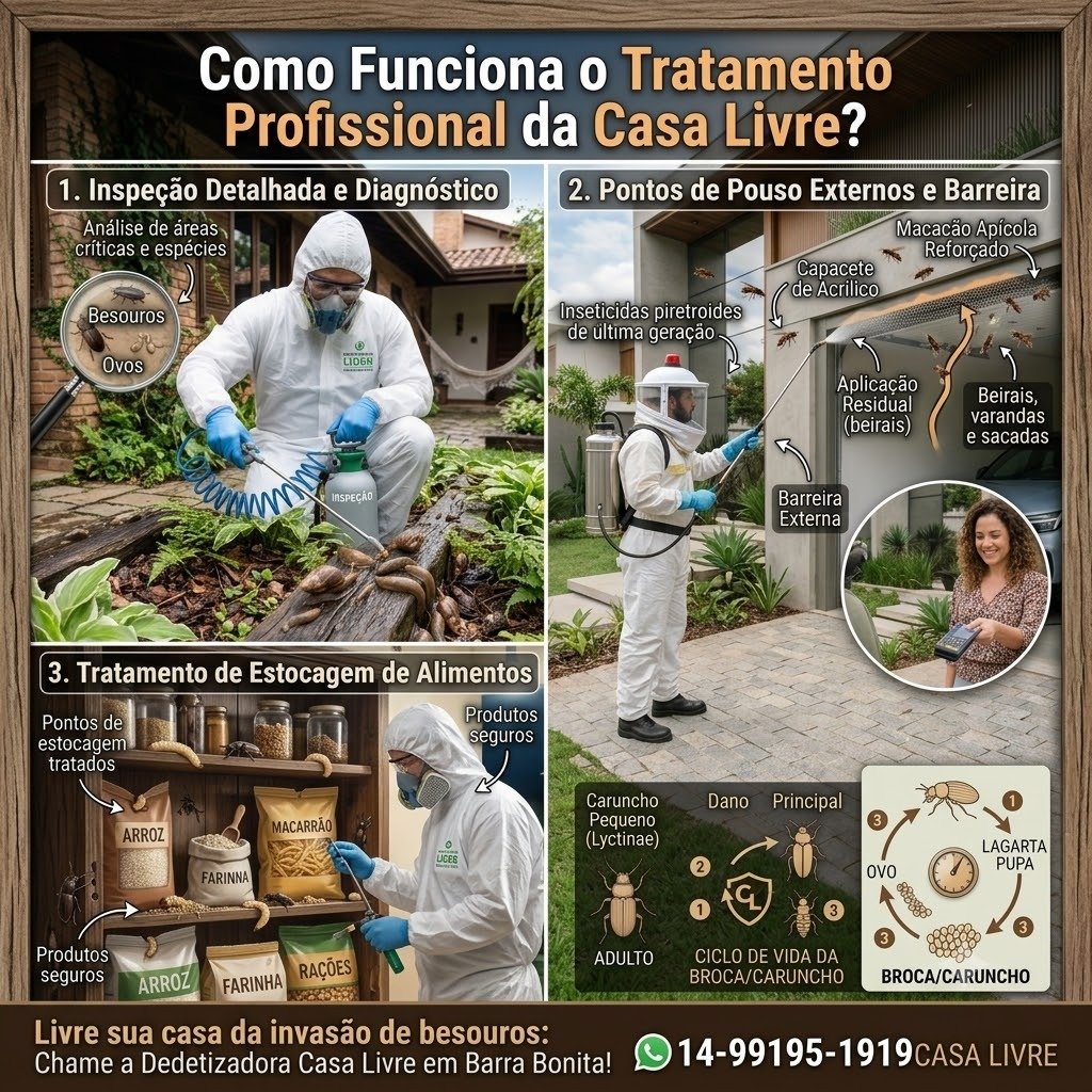 Como funciona o tratamento profissional da Casa Livre em Bauru - Infográfico de inspeção, barreira em beirais e produtos seguros na despensa
