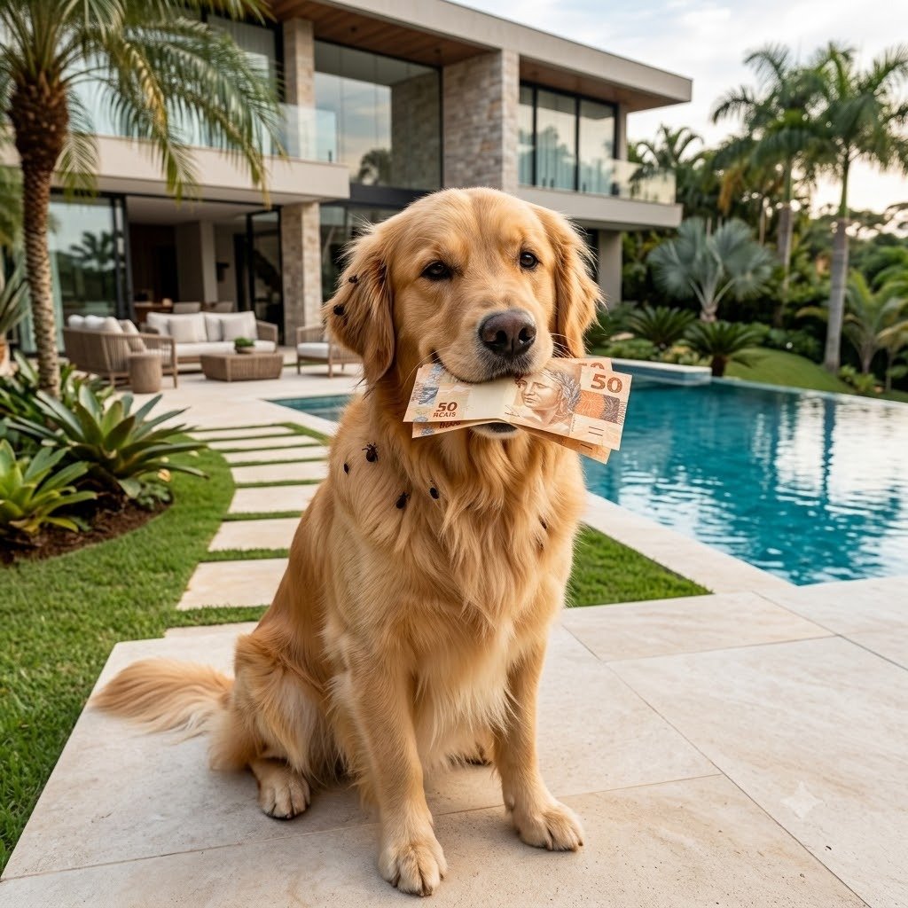 Golden Retriever com notas de dinheiro indicando o valor da dedetização de carrapatos em Bauru