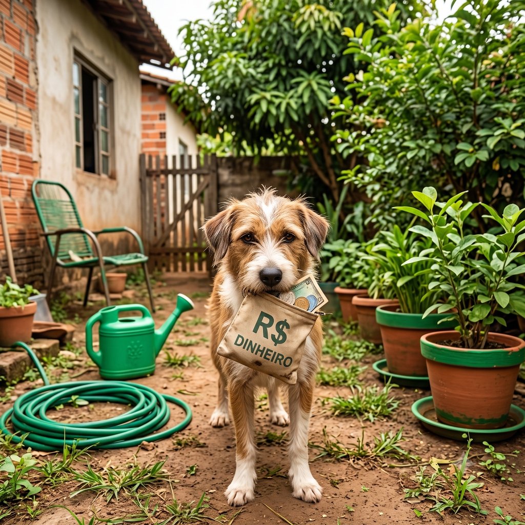 Cachorro no quintal com bolsa de dinheiro indicando o valor da dedetização de pulgas em Bauru